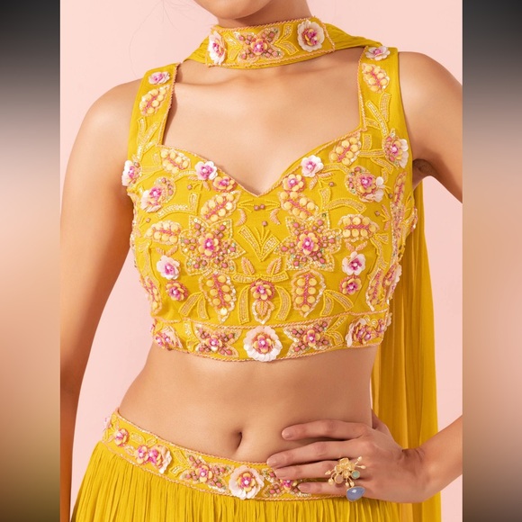 House of Indya floral tie dye yellow haldi embellished lehenga set - Picture 7 of 13